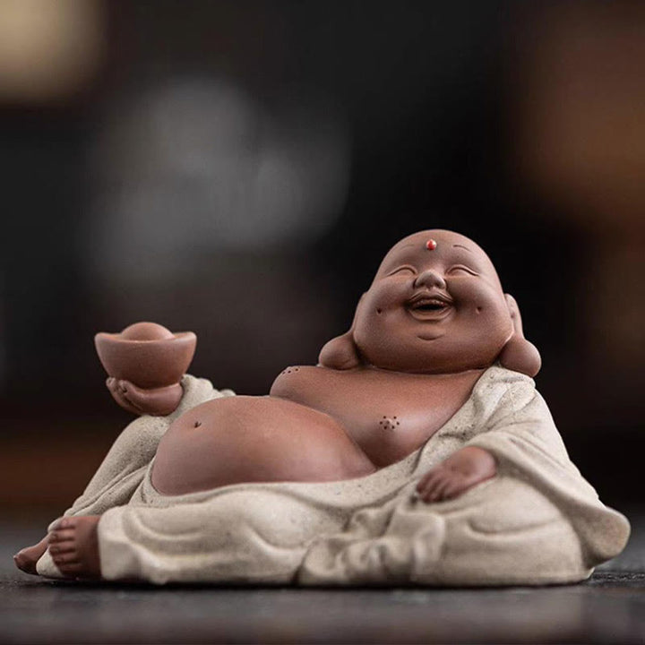 Buddha Stones Śmiejący się Budda Sztabki Przyciągają Bogactwo Fioletowa Glina Dekoracja Statuy Maitreya - image 2