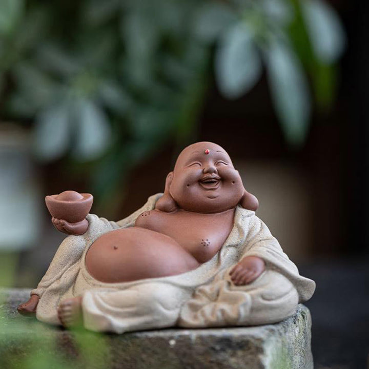 Buddha Stones Śmiejący się Budda Sztabki Przyciągają Bogactwo Fioletowa Glina Dekoracja Statuy Maitreya - image 1