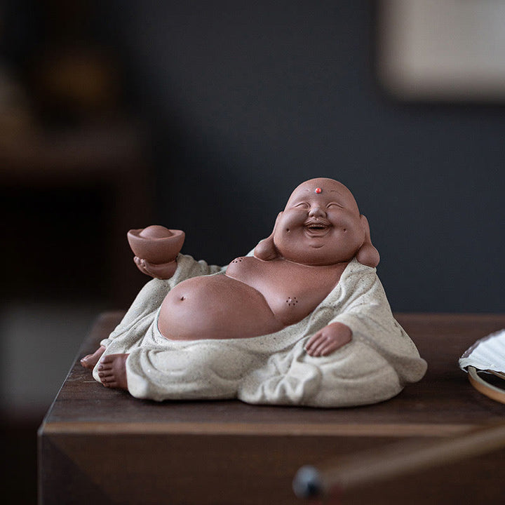 Buddha Stones Śmiejący się Budda Sztabki Przyciągają Bogactwo Fioletowa Glina Dekoracja Statuy Maitreya - image 15