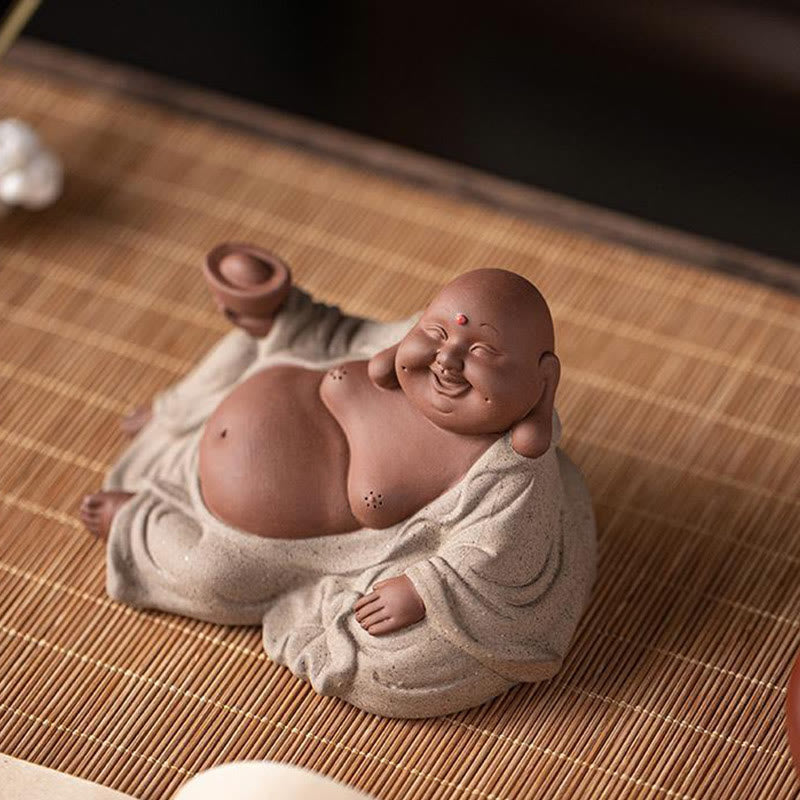 Buddha Stones Śmiejący się Budda Sztabki Przyciągają Bogactwo Fioletowa Glina Dekoracja Statuy Maitreya - image 14