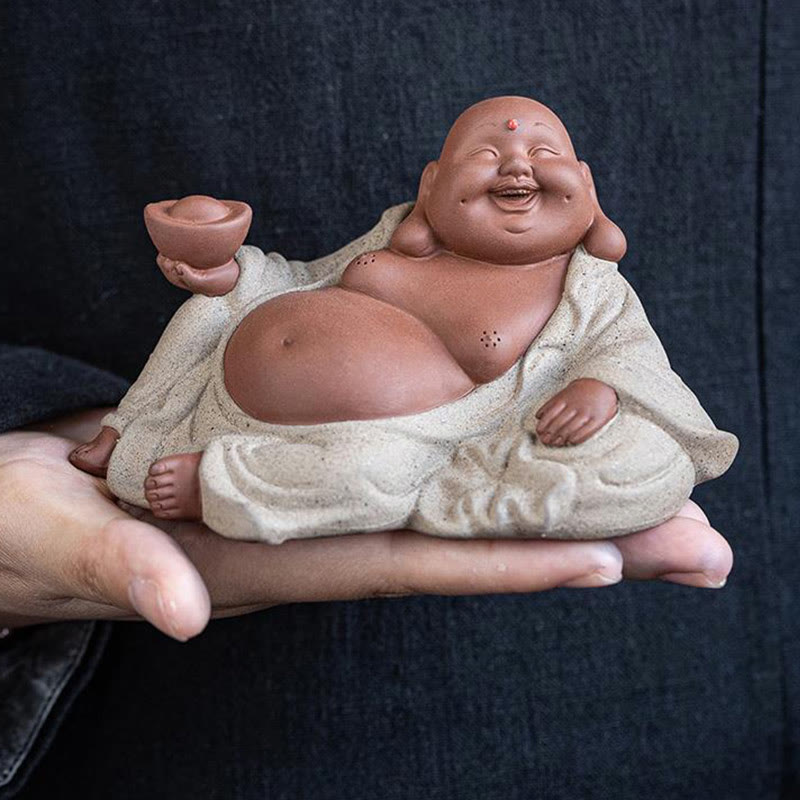 Buddha Stones Śmiejący się Budda Sztabki Przyciągają Bogactwo Fioletowa Glina Dekoracja Statuy Maitreya - image 11