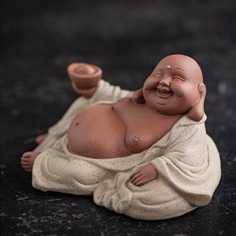 Buddha Stones Śmiejący się Budda Sztabki Przyciągają Bogactwo Fioletowa Glina Dekoracja Statuy Maitreya - image 12