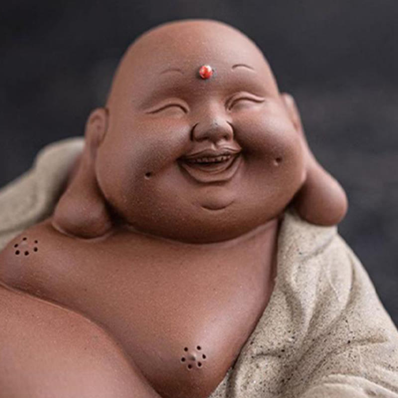 Buddha Stones Śmiejący się Budda Sztabki Przyciągają Bogactwo Fioletowa Glina Dekoracja Statuy Maitreya - image 8