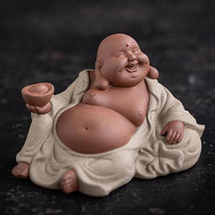 Buddha Stones Śmiejący się Budda Sztabki Przyciągają Bogactwo Fioletowa Glina Dekoracja Statuy Maitreya - image 13