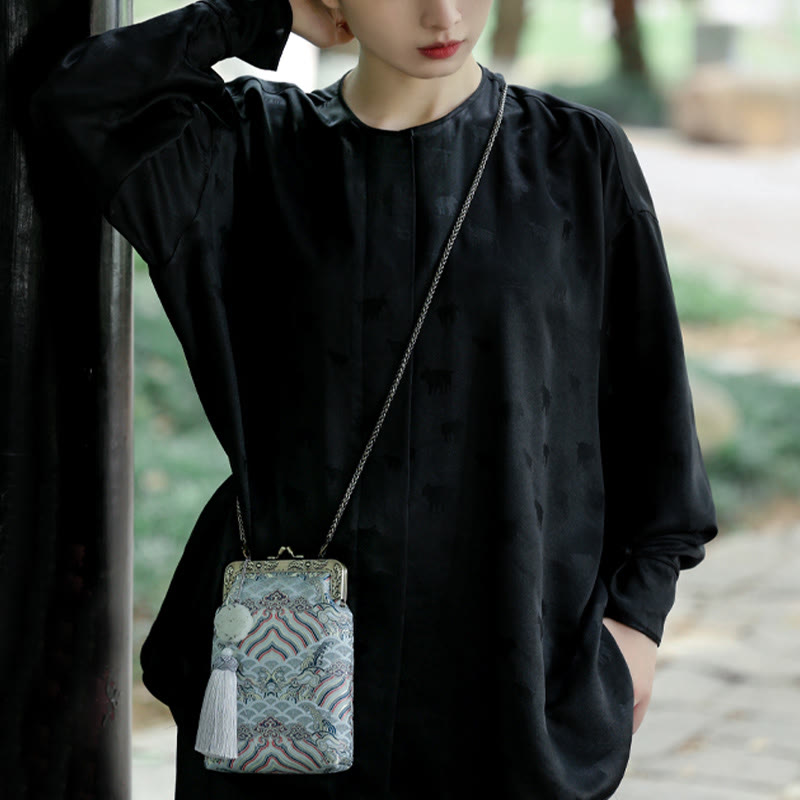 Buddha Stones Mała Błękitna Fale Oceaniczne Metalowa Łańcuszkowa Torba Crossbody Torba Na Ramię Torba Na Telefon Komórkowy