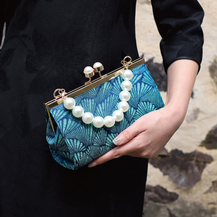Torebka Buddha Stones Vintage Peacock Blue Leaf Pattern Pearl Metal