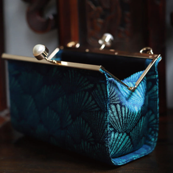 Torebka Buddha Stones Vintage Peacock Blue Leaf Pattern Pearl Metal