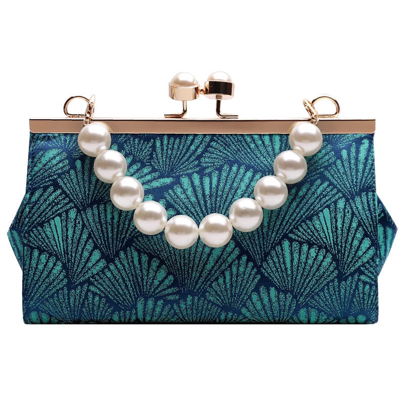 Torebka Buddha Stones Vintage Peacock Blue Leaf Pattern Pearl Metal