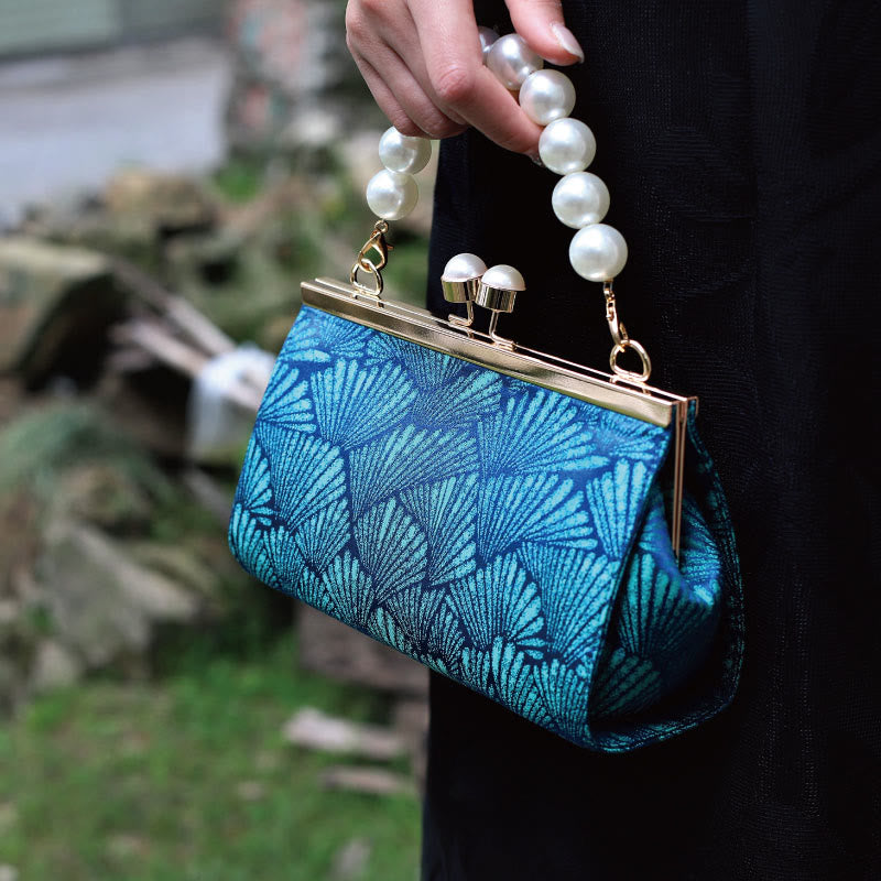 Torebka Buddha Stones Vintage Peacock Blue Leaf Pattern Pearl Metal
