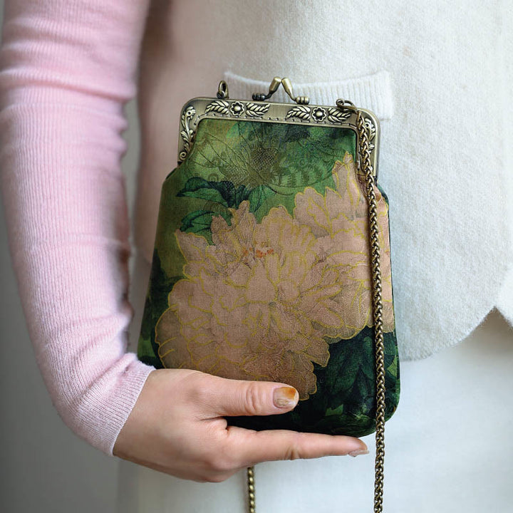 Buddha Stones Mała Zielona Piwonia Motyl Metalowy Łańcuch Torba Crossbody Torba Na Ramię Torba Na Telefon Komórkowy
