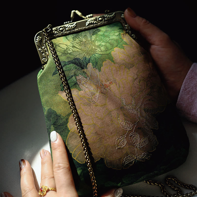 Buddha Stones Mała Zielona Piwonia Motyl Metalowy Łańcuch Torba Crossbody Torba Na Ramię Torba Na Telefon Komórkowy