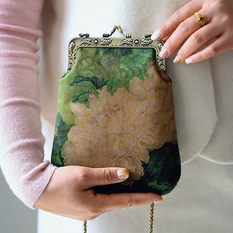 Buddha Stones Mała Zielona Piwonia Motyl Metalowy Łańcuch Torba Crossbody Torba Na Ramię Torba Na Telefon Komórkowy