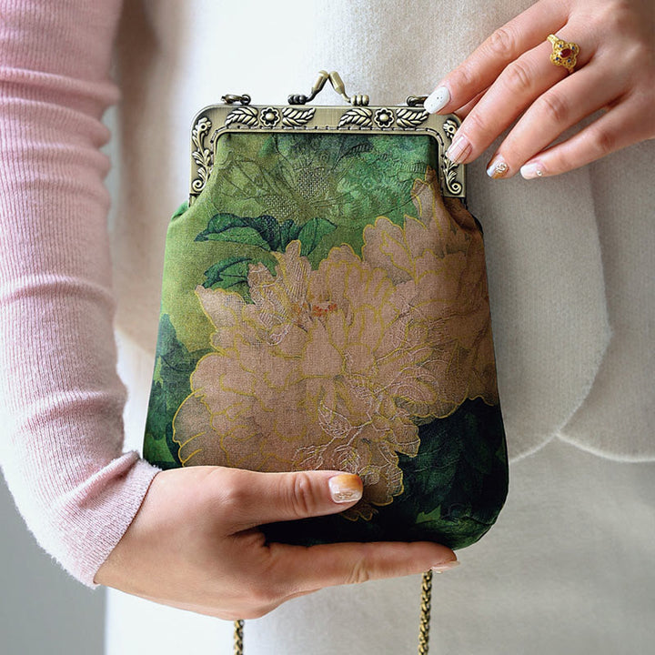 Buddha Stones Mała Zielona Piwonia Motyl Metalowy Łańcuch Torba Crossbody Torba Na Ramię Torba Na Telefon Komórkowy
