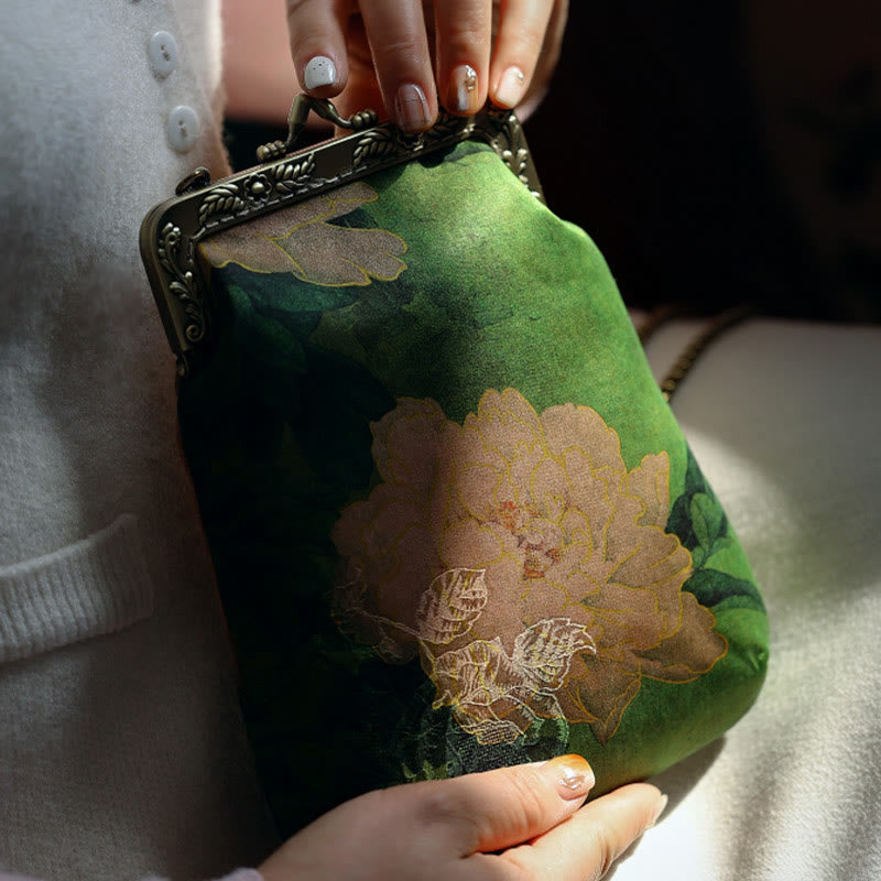 Buddha Stones Mała Zielona Piwonia Motyl Metalowy Łańcuch Torba Crossbody Torba Na Ramię Torba Na Telefon Komórkowy
