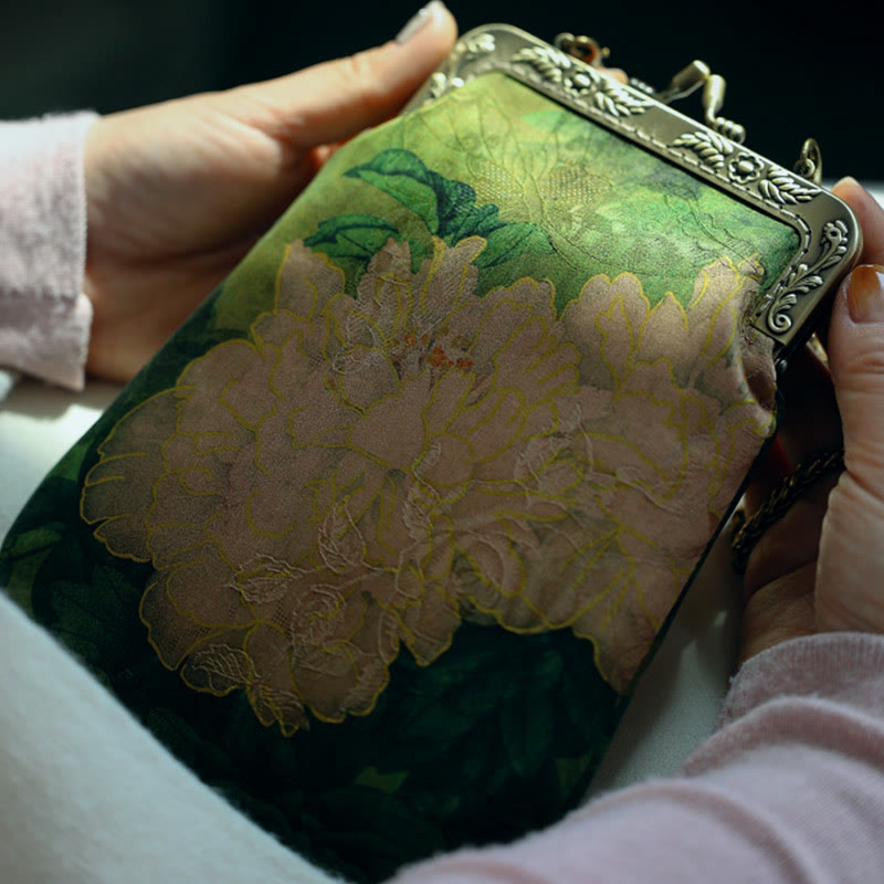 Buddha Stones Mała Zielona Piwonia Motyl Metalowy Łańcuch Torba Crossbody Torba Na Ramię Torba Na Telefon Komórkowy