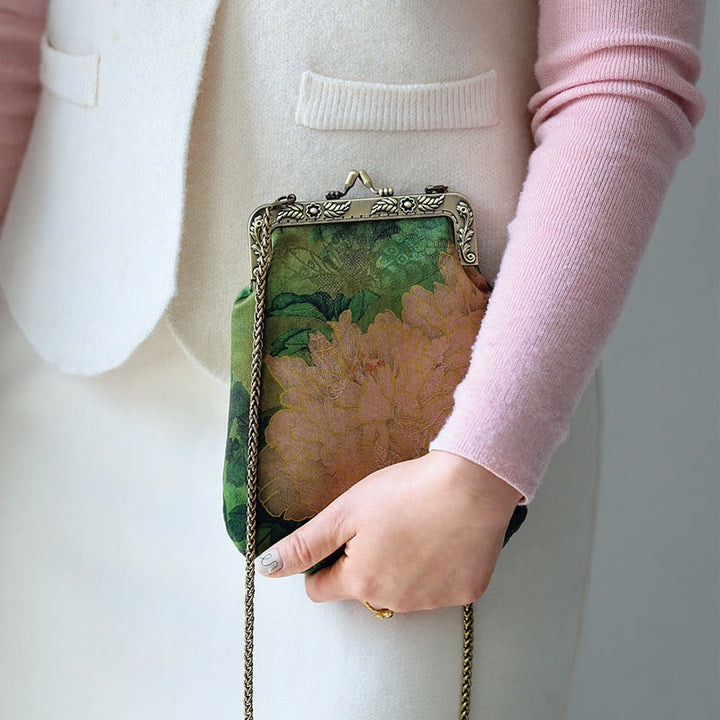 Buddha Stones Mała Zielona Piwonia Motyl Metalowy Łańcuch Torba Crossbody Torba Na Ramię Torba Na Telefon Komórkowy