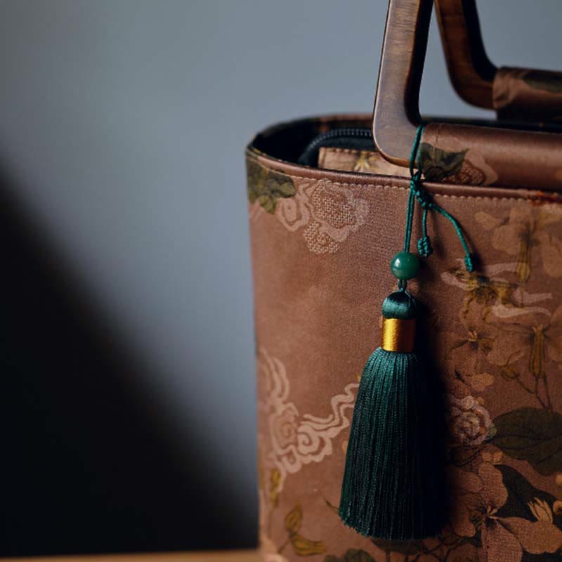 Buddha Stones Vintage Brązowe Kwiaty Zielone Liście Bambusa Drewniane Uchwyty Zamek Torebka