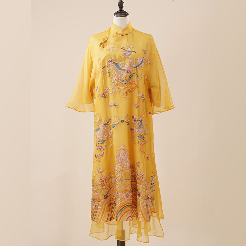 Suknia z organzy z jedwabiu morwowego Buddha Stones 100% Haftowana żółta sukienka Qipao Cheongsam z motywem feniksa