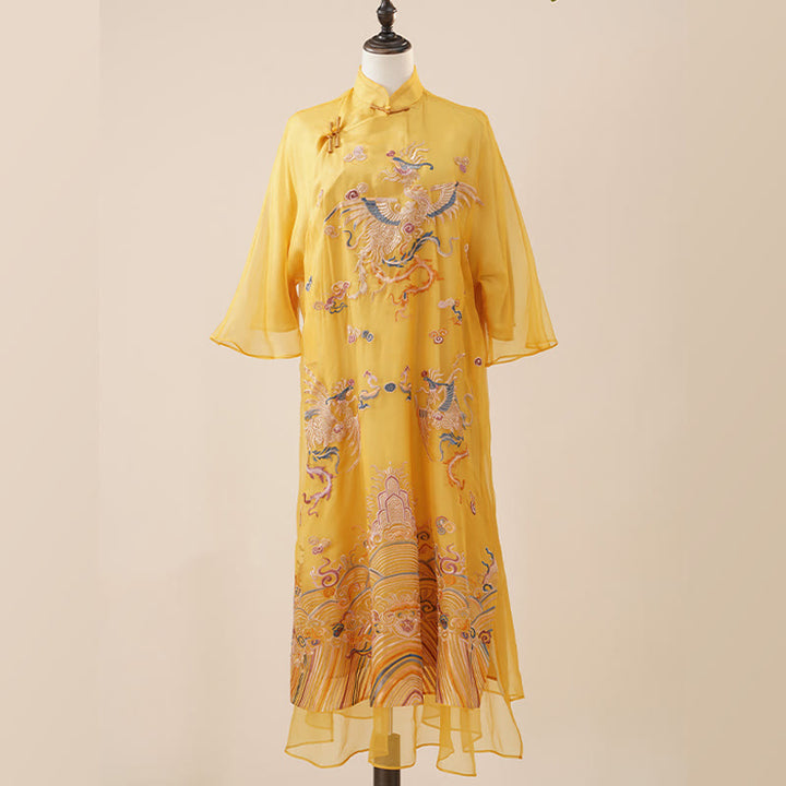 Suknia z organzy z jedwabiu morwowego Buddha Stones 100% Haftowana żółta sukienka Qipao Cheongsam z motywem feniksa