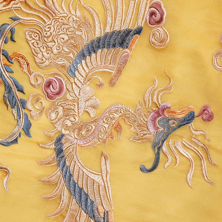 Suknia z organzy z jedwabiu morwowego Buddha Stones 100% Haftowana żółta sukienka Qipao Cheongsam z motywem feniksa