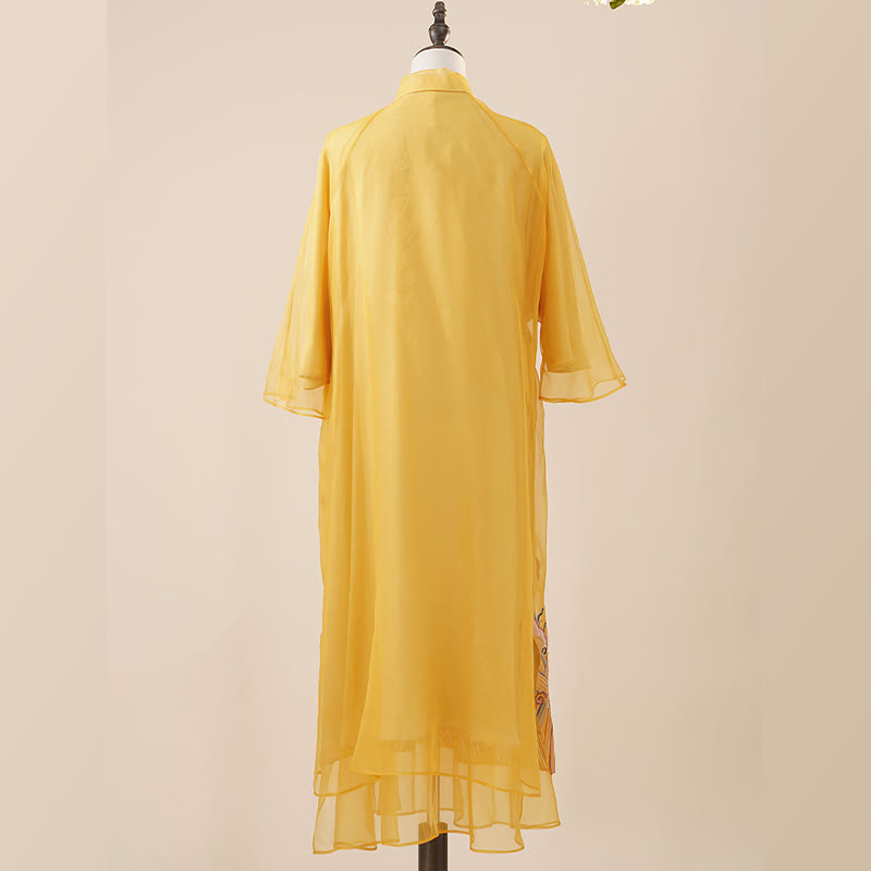 Suknia z organzy z jedwabiu morwowego Buddha Stones 100% Haftowana żółta sukienka Qipao Cheongsam z motywem feniksa