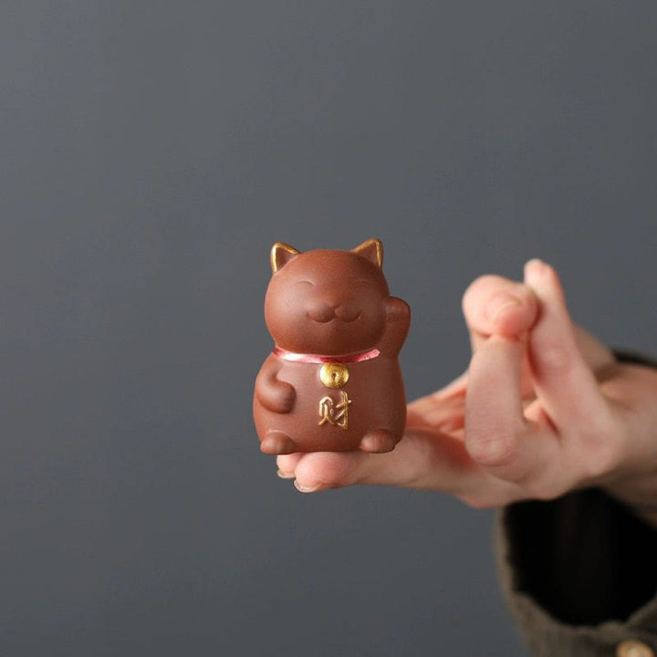 Buddha Stones Miniaturowy Szczęśliwy Kot Herbata Bogactwo Pet Fioletowa Gliniana Figurka Dekoracja - image 3