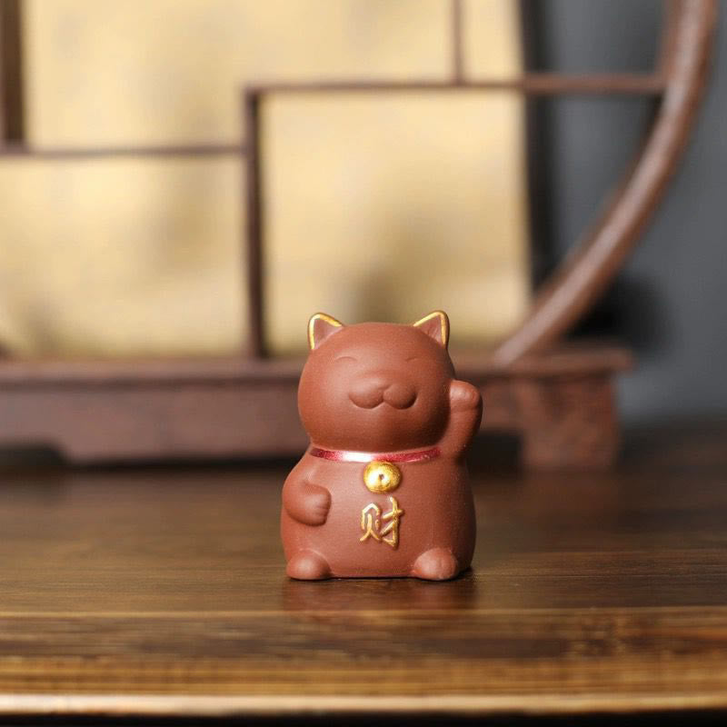 Buddha Stones Miniaturowy Szczęśliwy Kot Herbata Bogactwo Pet Fioletowa Gliniana Figurka Dekoracja - image 2
