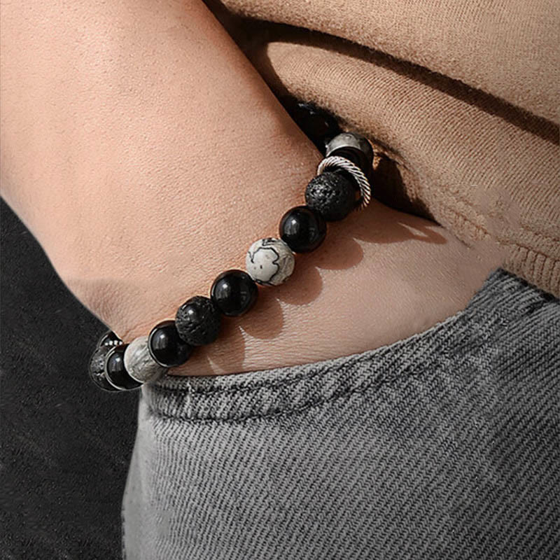Buddha Stones Vintage Lava Rock Czarny Obsydian Picasso Jasper Koraliki Wsparcie Bransoletka Lina