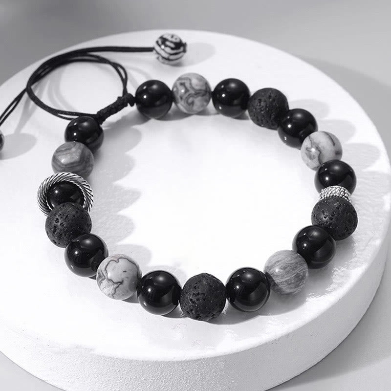 Buddha Stones Vintage Lava Rock Czarny Obsydian Picasso Jasper Koraliki Wsparcie Bransoletka Lina