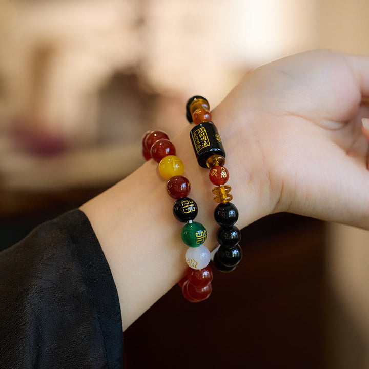 Buddha Stones Pięć Elementów Czarny Onyks Czerwony Agat Bransoletka Mądrość Bogactwo