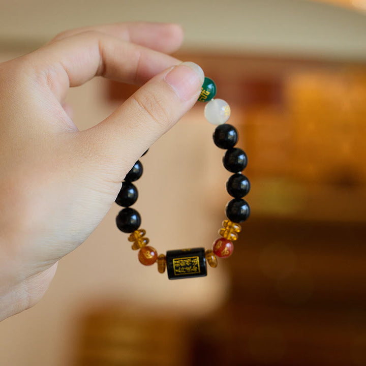 Buddha Stones Pięć Elementów Czarny Onyks Czerwony Agat Bransoletka Mądrość Bogactwo