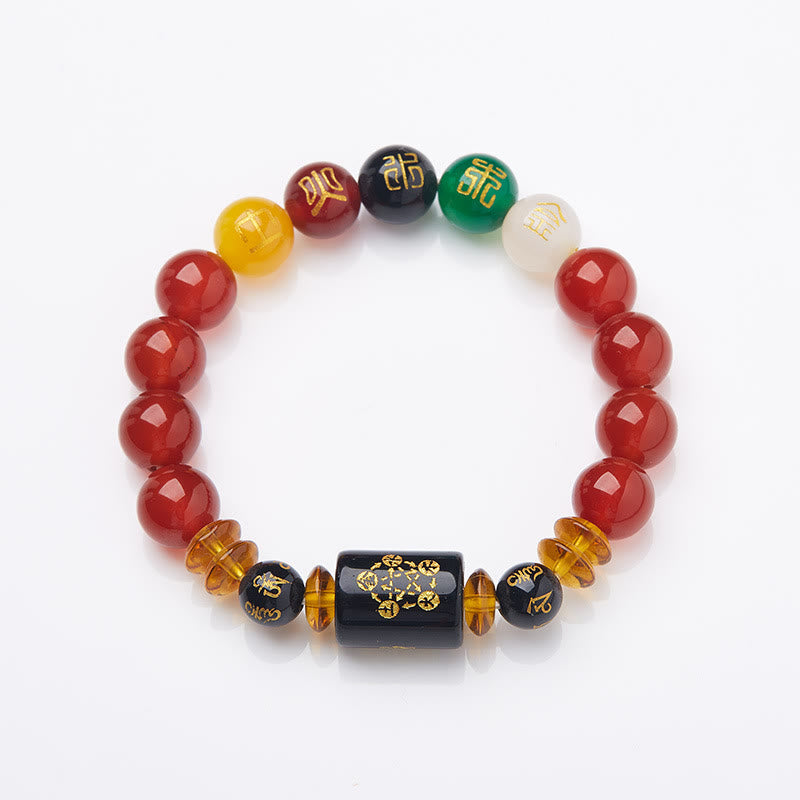 Buddha Stones Pięć Elementów Czarny Onyks Czerwony Agat Bransoletka Mądrość Bogactwo