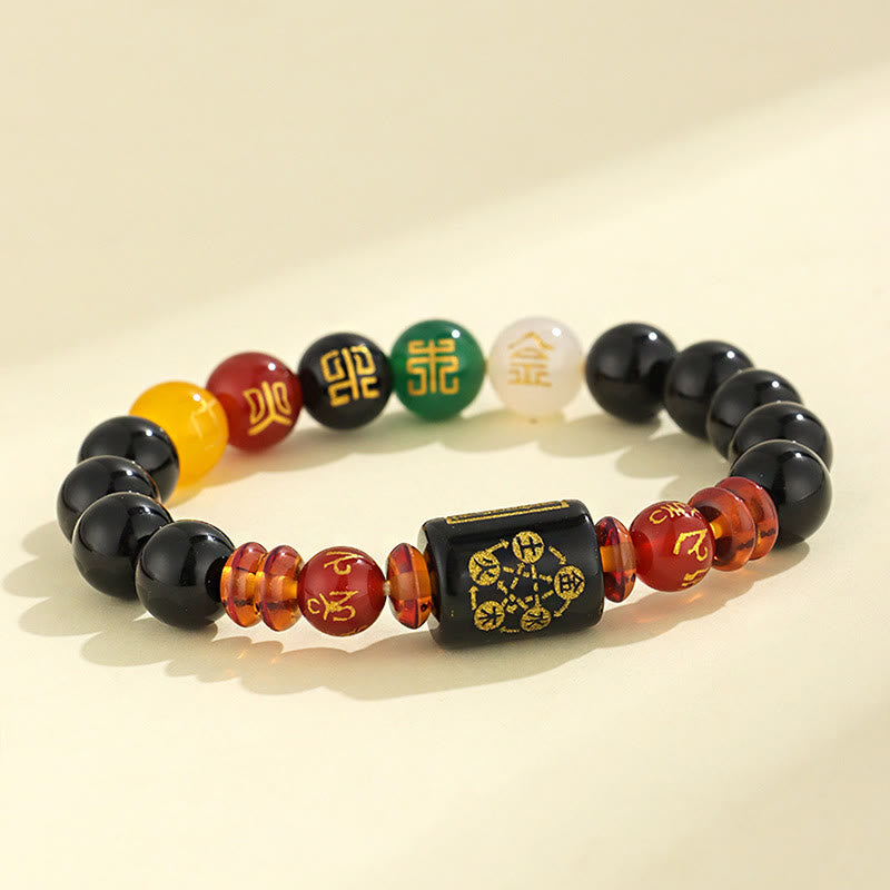 Buddha Stones Pięć Elementów Czarny Onyks Czerwony Agat Bransoletka Mądrość Bogactwo