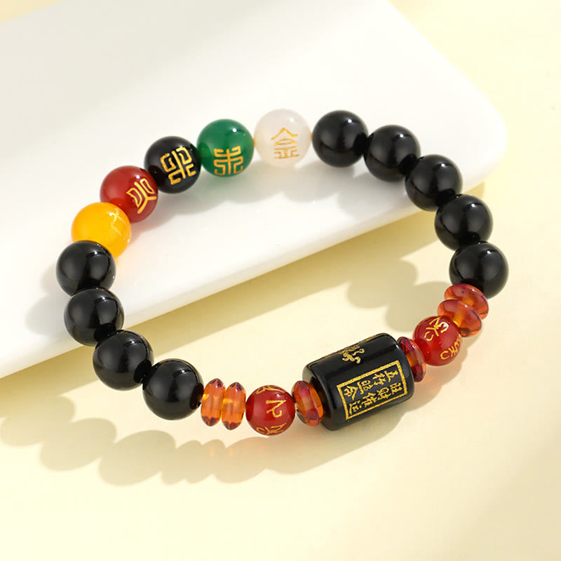 Buddha Stones Pięć Elementów Czarny Onyks Czerwony Agat Bransoletka Mądrość Bogactwo