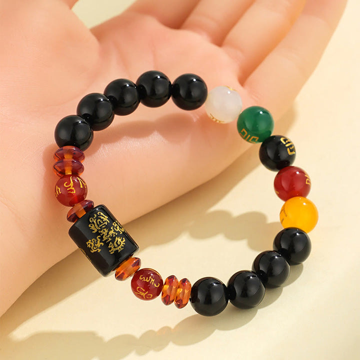Buddha Stones Pięć Elementów Czarny Onyks Czerwony Agat Bransoletka Mądrość Bogactwo