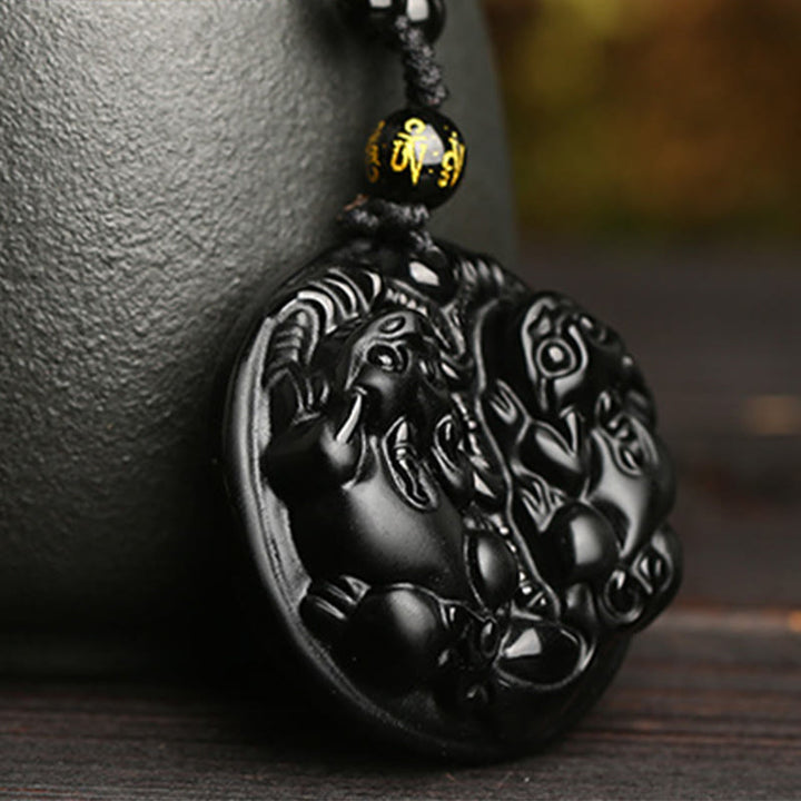 Buddha Stones z czarnego obsydianu, podwójny koralik PiXiu, sznurek oczyszczający