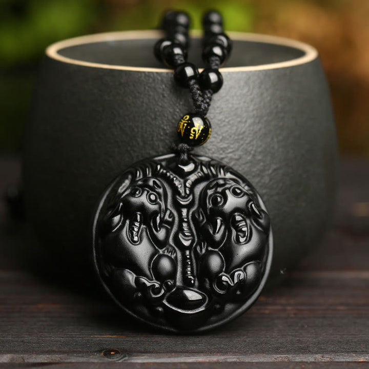 Buddha Stones z czarnego obsydianu, podwójny koralik PiXiu, sznurek oczyszczający