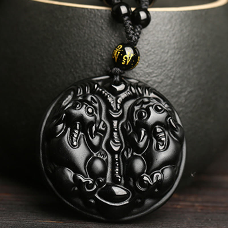 Buddha Stones z czarnego obsydianu, podwójny koralik PiXiu, sznurek oczyszczający
