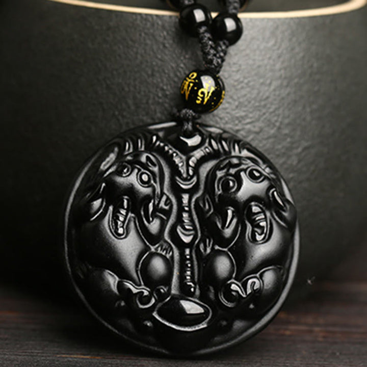 Buddha Stones z czarnego obsydianu, podwójny koralik PiXiu, sznurek oczyszczający