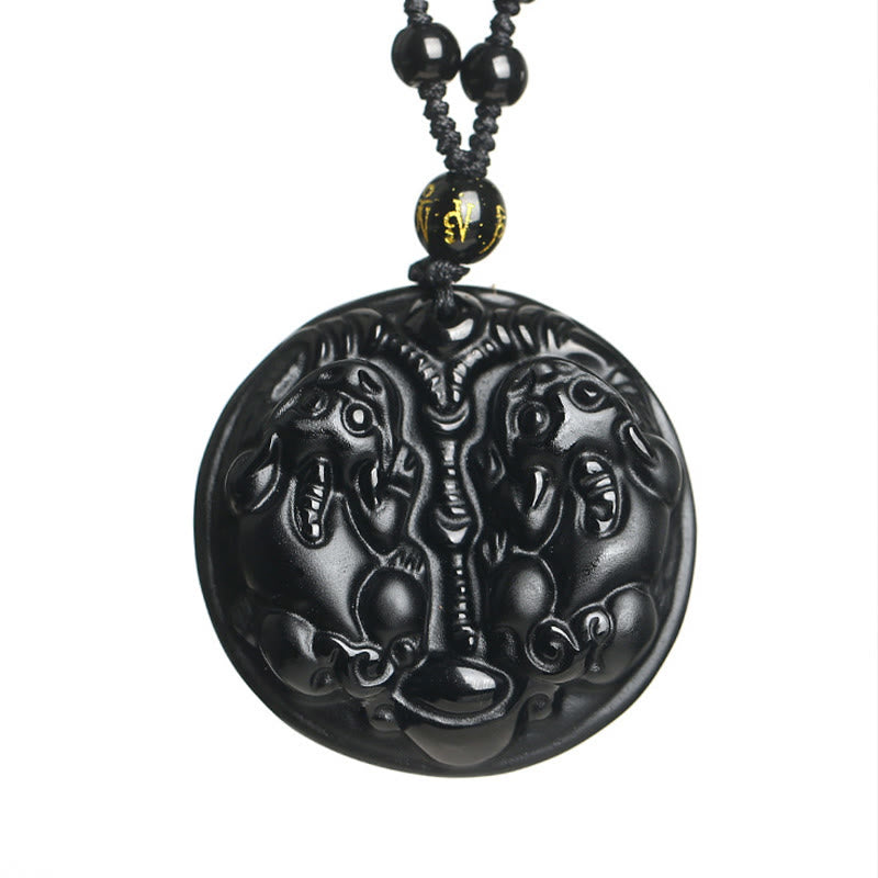 Buddha Stones z czarnego obsydianu, podwójny koralik PiXiu, sznurek oczyszczający