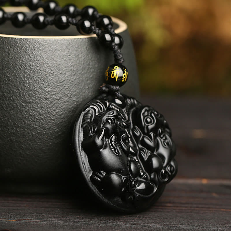 Buddha Stones z czarnego obsydianu, podwójny koralik PiXiu, sznurek oczyszczający