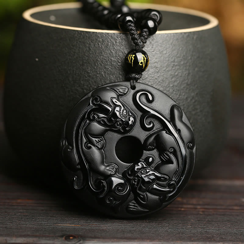 Buddha Stones Naturalny Czarny Obsydian Spokój Klamra PiXiu Koralik Lina Siła Naszyjnik Wisiorek