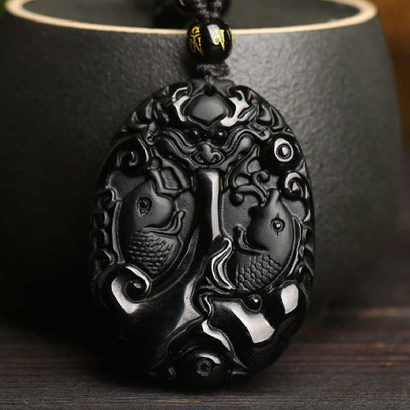 Buddha Stones Czarny Obsydian Koi Ryba Koralik Lina Spełnienie Siła Naszyjnik Wisiorek