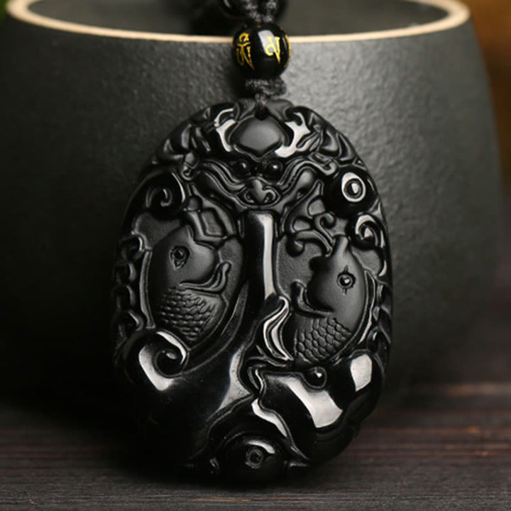 Buddha Stones Czarny Obsydian Koi Ryba Koralik Lina Spełnienie Siła Naszyjnik Wisiorek