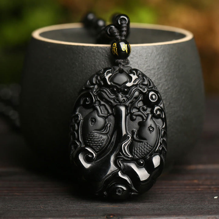 Buddha Stones Czarny Obsydian Koi Ryba Koralik Lina Spełnienie Siła Naszyjnik Wisiorek