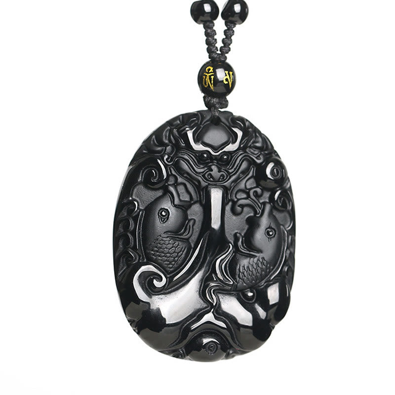 Buddha Stones Czarny Obsydian Koi Ryba Koralik Lina Spełnienie Siła Naszyjnik Wisiorek