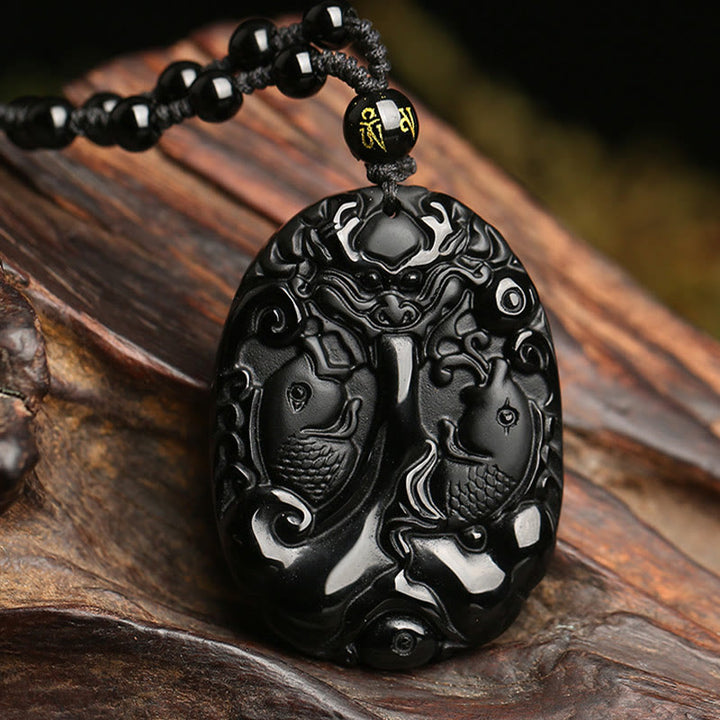 Buddha Stones Czarny Obsydian Koi Ryba Koralik Lina Spełnienie Siła Naszyjnik Wisiorek