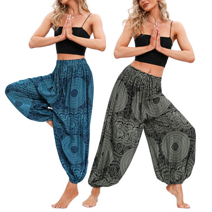 Spodnie haremowe z okrągłym wzorem róż Buddha Stones Casual Loose Round Rose Pattern dla kobiet