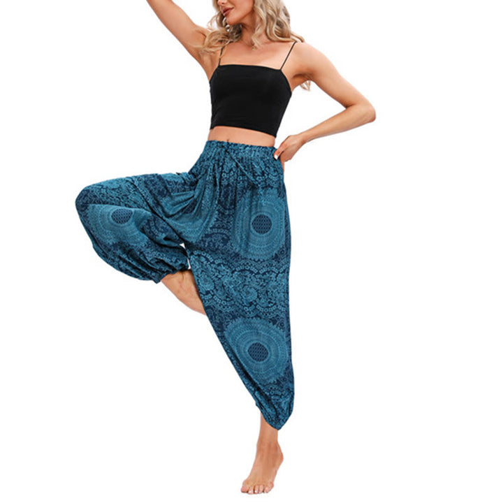 Spodnie haremowe z okrągłym wzorem róż Buddha Stones Casual Loose Round Rose Pattern dla kobiet