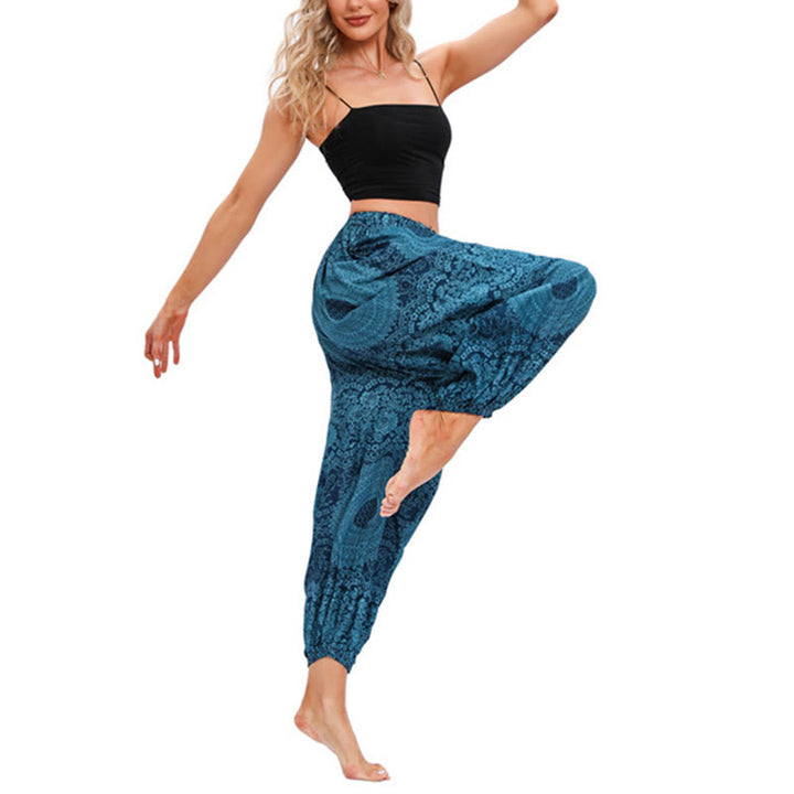 Spodnie haremowe z okrągłym wzorem róż Buddha Stones Casual Loose Round Rose Pattern dla kobiet